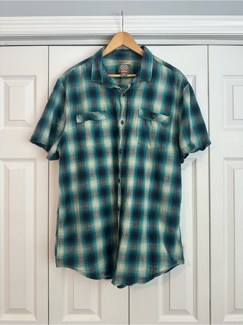 100% Cotton St. John's Bay Teal Plaid Short-Sleeve Button-Down Shirt, XL